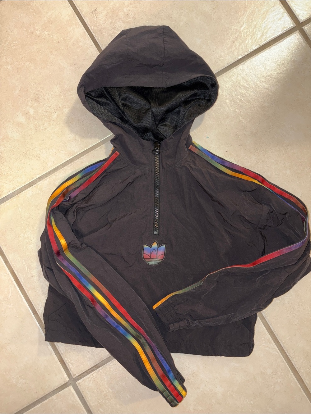 Adidas Black Hooded Windbreaker with Rainbow Stripe